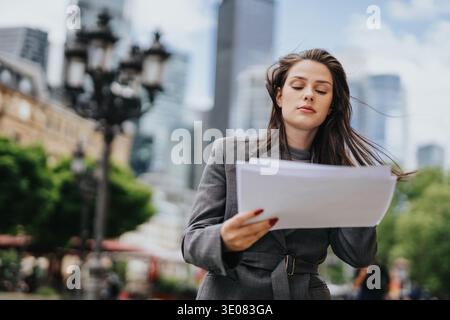 Businesswoman reading documents outdoors in front of an urban skyline during a city workday Stock Photo