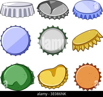Bottle caps collection showing various colors and conditions Stock Vector