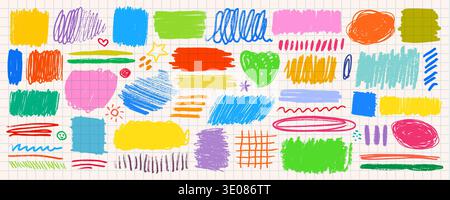 Crayon scribble box text underline set in bright yellow blue green pink and orange on grid background. Crayon line highlight strokes in rough pen Stock Vector
