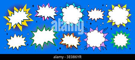 Comic sticker starburst set with boom shape, cartoon tag frames and star accents on blue halftone background. Bold burst stickers in yellow, pink Stock Vector