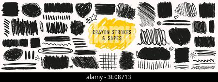 Crayon line highlight scribble box text underline set in black on white background with rough hand drawn shapes and strokes. Crayon line highlight Stock Vector