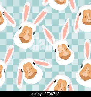 Seamless pattern with cute goose wearing Easter bunny ears on blue checkered background. Vector illustration. Stock Vector
