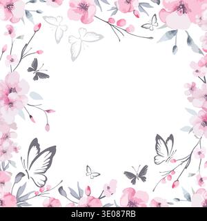 Frame with sakura flowers. Beautiful cherry blossom flower vector illustration. Hand drawn. Not AI, Stock Vector
