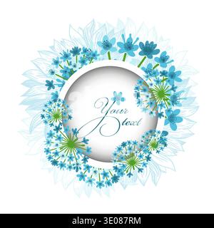 Round frame with blue flowers . Hand drawn. Not AI, vector illustration. Stock Vector