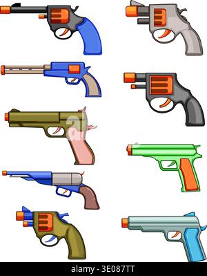 Cap gun toys illustration set displaying play weapons Stock Vector