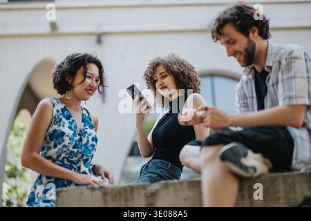 Three friends hanging out outdoors, smiling and looking at a smartphone together Stock Photo