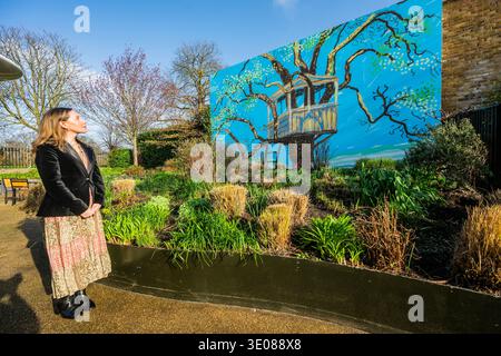 London, UK. 11th Mar, 2026. A large-scale printed mural by David Hockney in the garden at Serpentine North. The work highlights a scene from A Year in Normandie's spring cycle depicting a tree house - David Hockney: A Year in Normandie and Some Other Thoughts about Painting at Serpentine North. The exhibition showcases a series of new paintings for Serpentine alongside the artist's monumental frieze A Year in Normandie ( 2020-2021), on view in London for the first time. It runs from 12th March - 23rd August 2026. Credit: Guy Bell/Alamy Live News Stock Photo