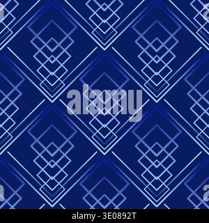 White vanishing lines and squares on dark blue background. Geometric intricate seamless pattern. Complicated texture background Monochrome blue design Stock Vector
