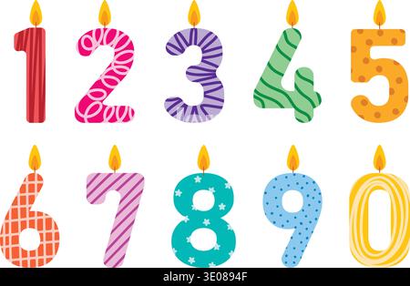 Set of colorful number candles clip art. Numbers with different patterns and colors with burning flames. Candles for children birthday. Vector graphic Stock Vector