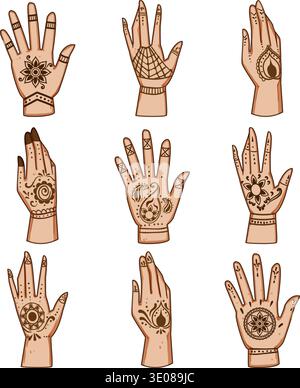 Human hands decorated with traditional henna patterns Stock Vector