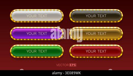 Retro illuminated buttons set with golden frame, perfect for casino, web UI, or game design. Vector illustration. Stock Vector
