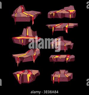 Game assets creating various volcanic rock platforms Stock Vector