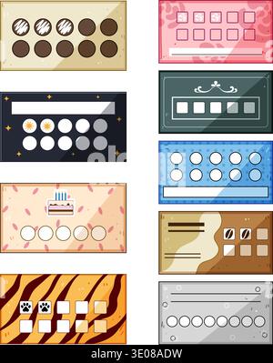 Collection of various colorful loyalty punch cards designs Stock Vector