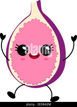 Cute pink fig with big eyes and smiling face. Vector illustration Stock Vector