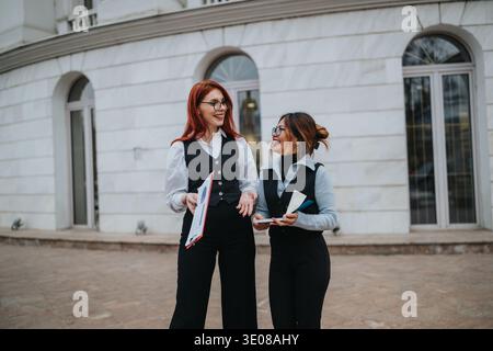 Two professional women smiling and talking outside a modern white building, sharing documents Stock Photo