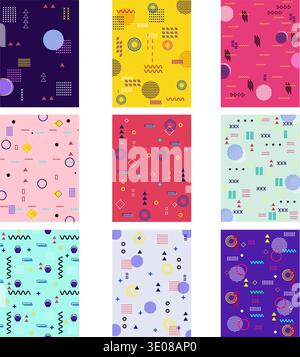 Memphis style geometric patterns creating abstract backgrounds set Stock Vector