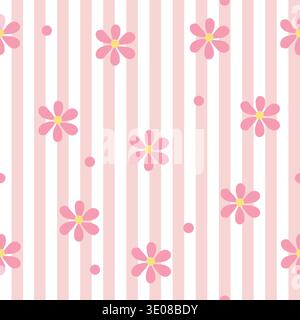 Cute seamless vector pattern featuring pink daisy flowers and polka dots on a pastel pink striped background. Perfect for fabric, wallpaper, and nurse Stock Vector