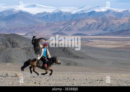 Mongolian eagle hunter (berkutchi) riding a horse with a blindfolded golden eagle, Altai Mountains, Bayan-Olgii, Western Mongolia, Mongolia Stock Photo
