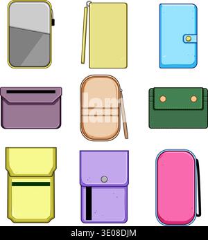 People carrying different wallet and pouch accessories collection Stock Vector