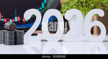 Miniature oil barrels next to large 2026 numbers and a rising chart background, representing crude oil price forecasts, commodity outlook, and future Stock Photo