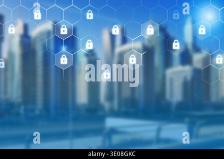 City skyline with digital lock icons showing online security and technology concepts Stock Photo
