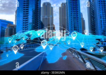 Map with location markers shown on a city road surrounded by tall buildings Stock Photo