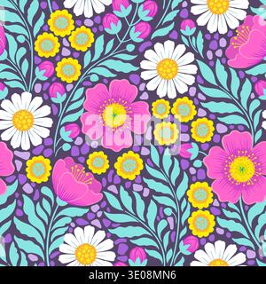 Hand drawn seamless floral pattern with daisies, pink flowers and yellow blossoms. Decorative meadow style botanical background with dense foliage and Stock Vector