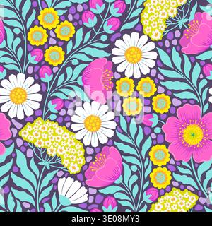 Hand drawn seamless floral pattern with daisies, pink flowers and yellow blossoms. Decorative meadow style botanical background with dense foliage and Stock Vector