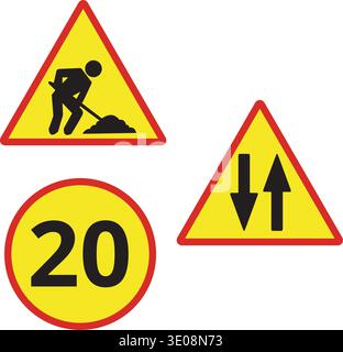 Men at work, speed limit, both directions yellow and red road construction signs isolated on a white background Stock Vector