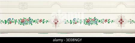 This circa 1900 wallpaper border design features a delicate floral garland with blue and red flowers and green foliage, intersected by ornate maroon and gray rococo-inspired motifs. The pattern is set against a cream background with horizontal gray lines, suggesting an elegant aesthetic popular in the late 19th or early 20th century. Stock Photo