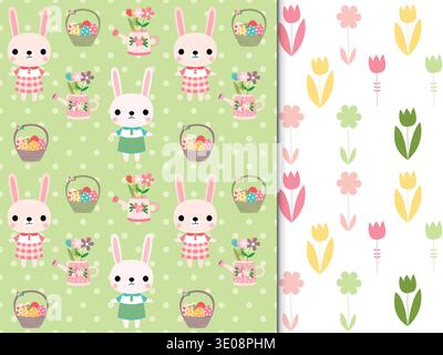 Cute Easter seamless patterns with bunnies, baskets and flowers on green and white background Stock Vector