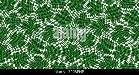 Wavy green check seamless vector pattern with four leaf clovers, Saint Patrick's Day groovy checkered background Stock Vector