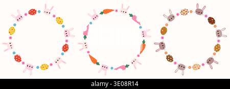 Easter vector frames with bunnies, eggs, flowers and carrots, cute spring borders for greeting cards and invitations Stock Vector