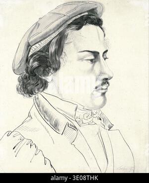 This approximately 1817 pencil drawing by Carl Philipp Fohr depicts a young male student in profile, wearing a distinctive beret and cravat, against a plain background. The detailed shading and intricate lines highlight the artist's skill in capturing the subtle features of the subject during the early 19th century. Stock Photo