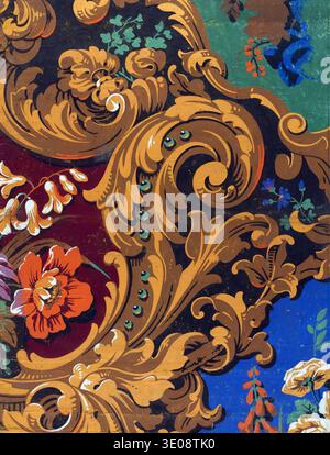 This vibrant, antique illustration from the 18th century is a 'Cartoon for a Woven Carpet,' likely serving as a design blueprint. It features rich Baroque-inspired scrolling foliage in gold and brown, intertwined with colorful floral motifs against dark, red, green, and blue backgrounds. Stock Photo