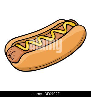 Vector illustration of a classic hot dog with mustard drizzle on a white background Stock Vector