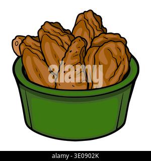 Crispy fried chicken pieces in a green bowl, vector illustration Stock Vector