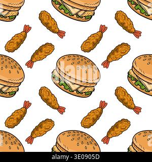 Seamless vector pattern of delicious cartoon burgers and crispy fried shrimp Stock Vector