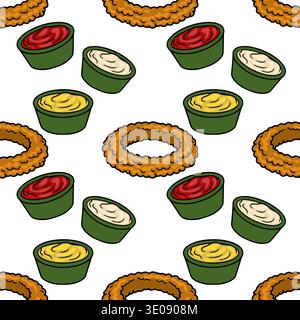 Crispy onion rings and dipping sauces seamless vector pattern, fast food illustration Stock Vector