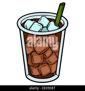 Vector illustration of a refreshing iced coffee in a clear cup with ice cubes and a green straw. Stock Vector