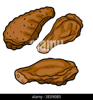Vector illustration of three crispy golden-brown chicken wings, isolated on white background Stock Vector