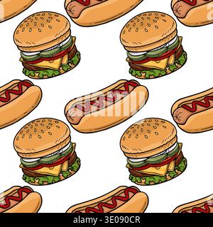 Seamless vector pattern of delicious burgers and hot dogs with ketchup and mustard, isolated on white background. Stock Vector