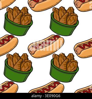 Seamless vector pattern of hot dogs with ketchup and fried chicken wings in a green bucket Stock Vector
