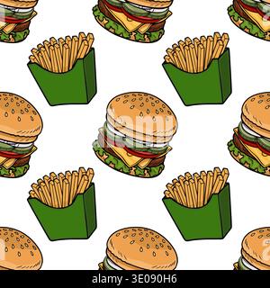Seamless vector pattern of delicious burgers and crispy french fries in green containers Stock Vector