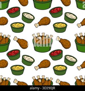 Seamless vector pattern of crispy fried chicken legs and dipping sauces Stock Vector