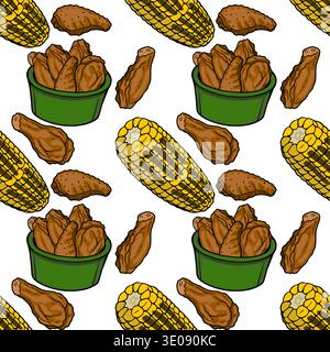 Seamless vector pattern of fried chicken wings and corn on the cob, fast food illustration Stock Vector