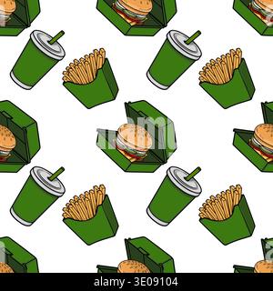 Seamless vector pattern of fast food burgers, fries, and soda cups on a white background Stock Vector