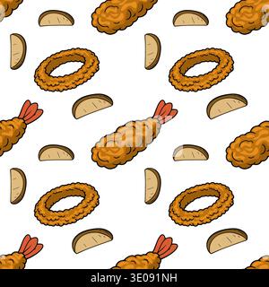 Seamless vector pattern of crispy fried shrimp and onion rings with potato wedges Stock Vector