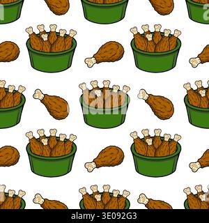 Seamless pattern vector illustration of crispy fried chicken legs in green buckets and scattered pieces Stock Vector