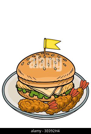 Wholesome vector illustration of a delicious burger with crispy fried shrimp on a plate, topped with a yellow flag Stock Vector